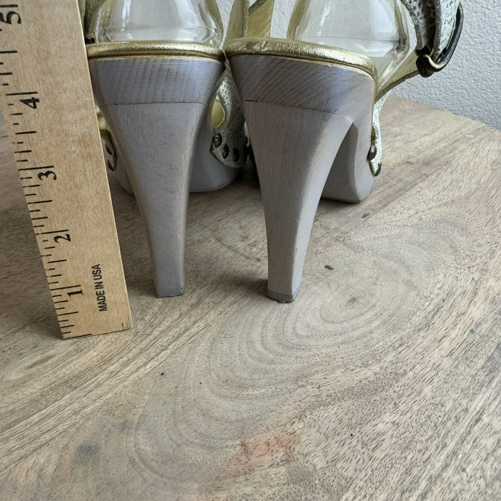 Cynthia Vincent Womens Peep Toe Slingback Wooden Platform Heels Sz 9 Puple White